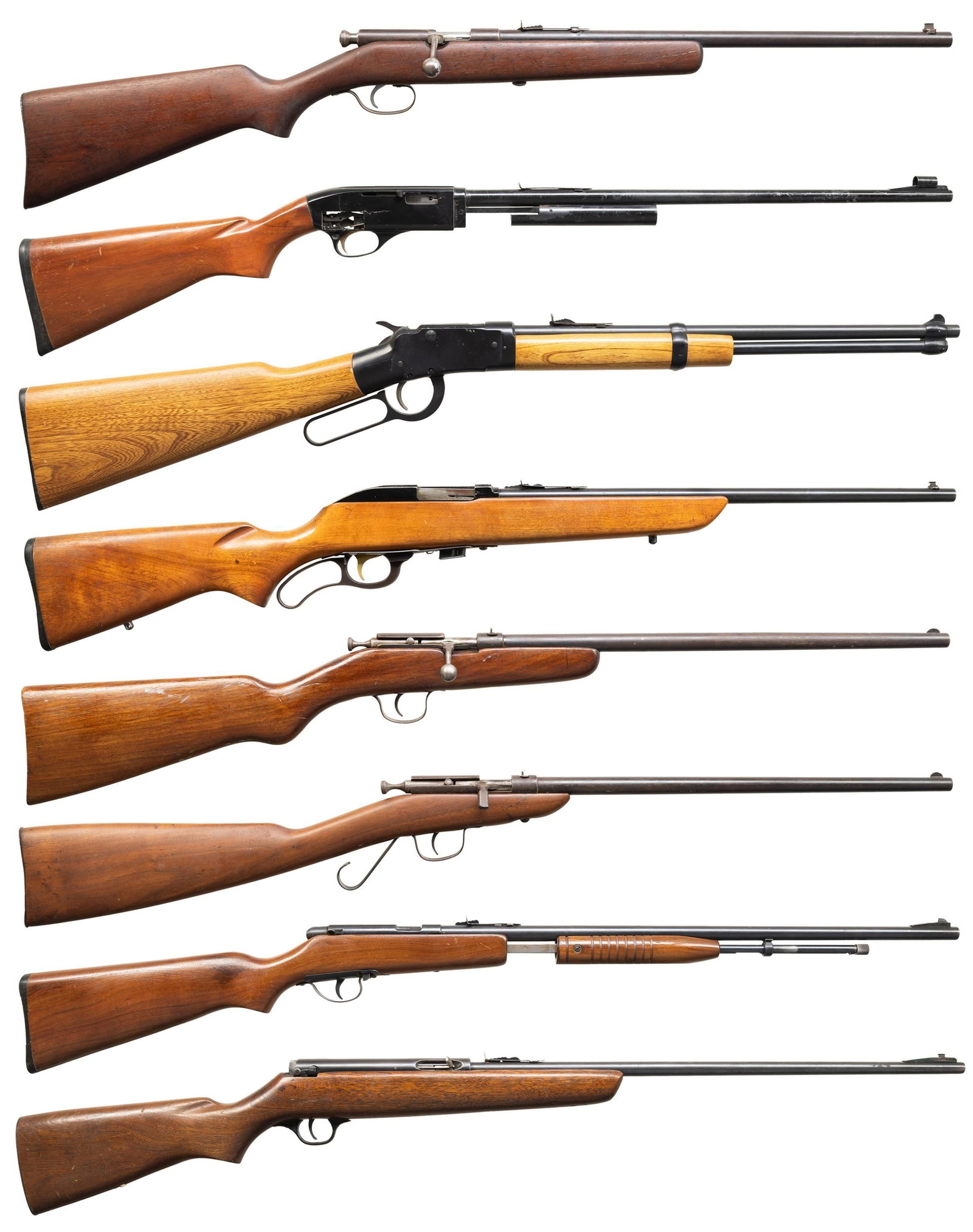 8 22 RF RIFLES.: 1. STEVENS WHIPPET MODEL C BOLT ACTION. Cal. 22 S,L,LR. S# NSN. Bbl. 18" with dovetailed brass bead front sight. Elevator adj rear sight. Rec tapped for scope with filler screws. Smooth pistol grip wa