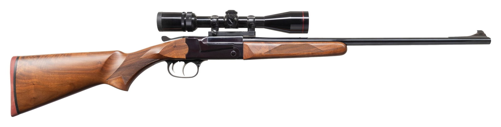 THOMPSON CENTER ARMS '83 ARISTOCRAT SINGLE SHOT: RIFLE. Cal. 22-250. S# 6276. Bbl. 23" with factory installed front sight of Williams Streamline ramp with brass bead; drilled and tapped for rear sight which has plug screws. Mfg. 1983-1986 as upper t