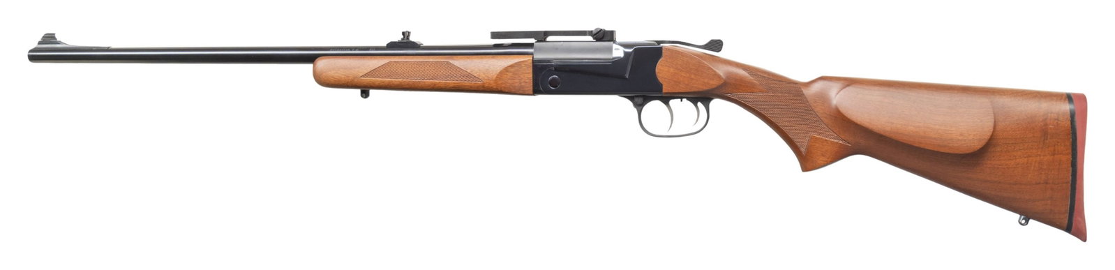 THOMPSON CENTER ARMS '83 ARISTOCRAT SINGLE SHOT: RIFLE. Cal. 243 Win. S# 9950. Bbl. 23" with factory installed front sight of Williams Streamline ramp with brass bead; folding leaf rear sight on Lyman 25 style raised base. Mfg. 1983-1986 as upper ti