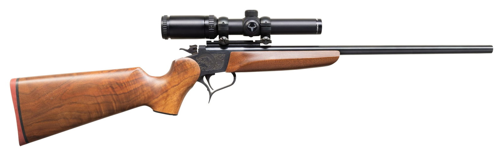 THOMPSON/CENTER CONTENDER SINGLE SHOT CARBINE.: Cal. 375 Win. S# 365282. 21" bbl with open holes for sight attachment. Bushnell Trophy XLT 1-4 power 30mm matte finished scope with 3 post & dot reticle on Weaver 1 pc mount. Trigger guard operated br