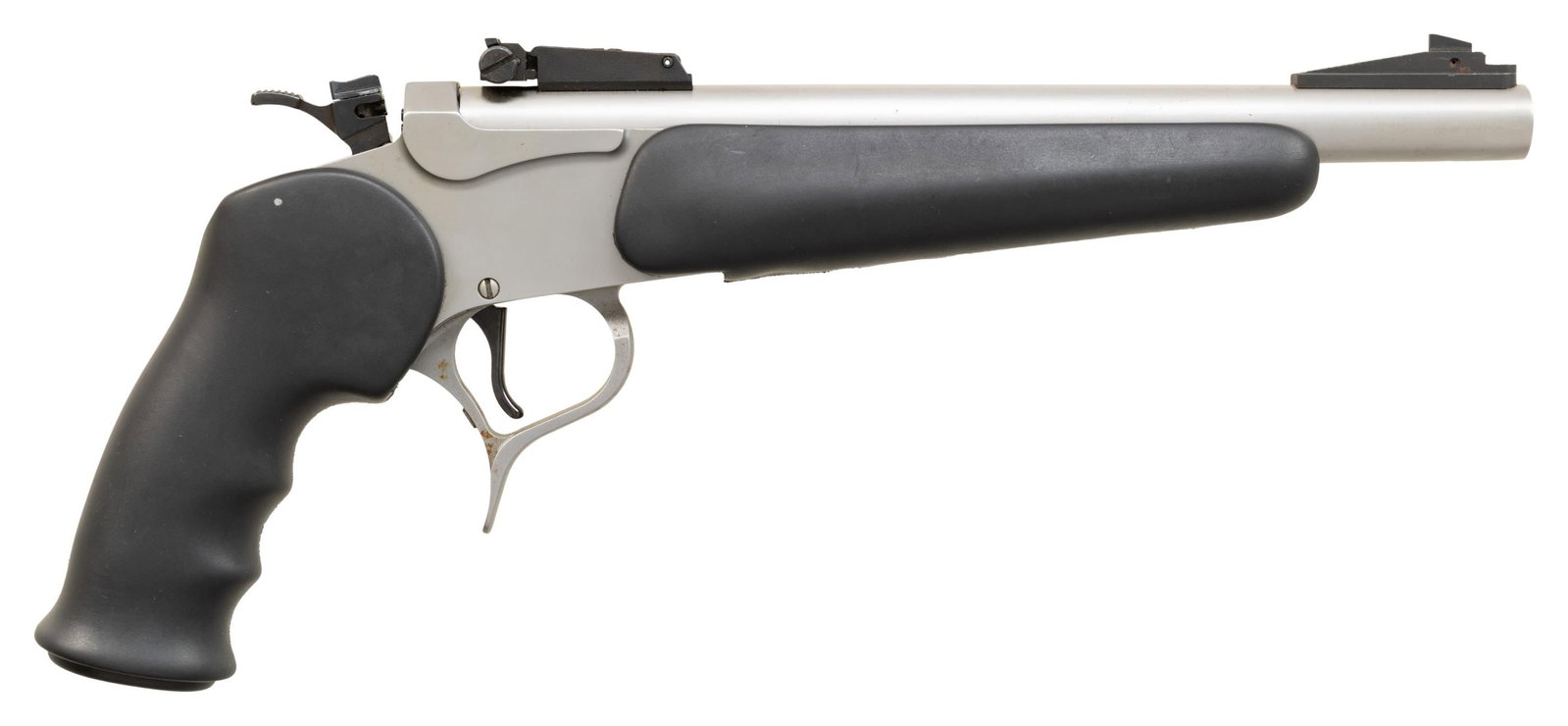 SMITH & WESSON / THOMPSON CENTER G2 CONTENDER: STAINLESS SINGLE SHOT PISTOL. Cal. 22 LR. S# MAE4219. Mfg. 2006-2011 after Smith & Wesson purchased the Thompson Center Arms Co. Bbl. 10" w/ blade front & adj. rear sight. Stainless finish. Black