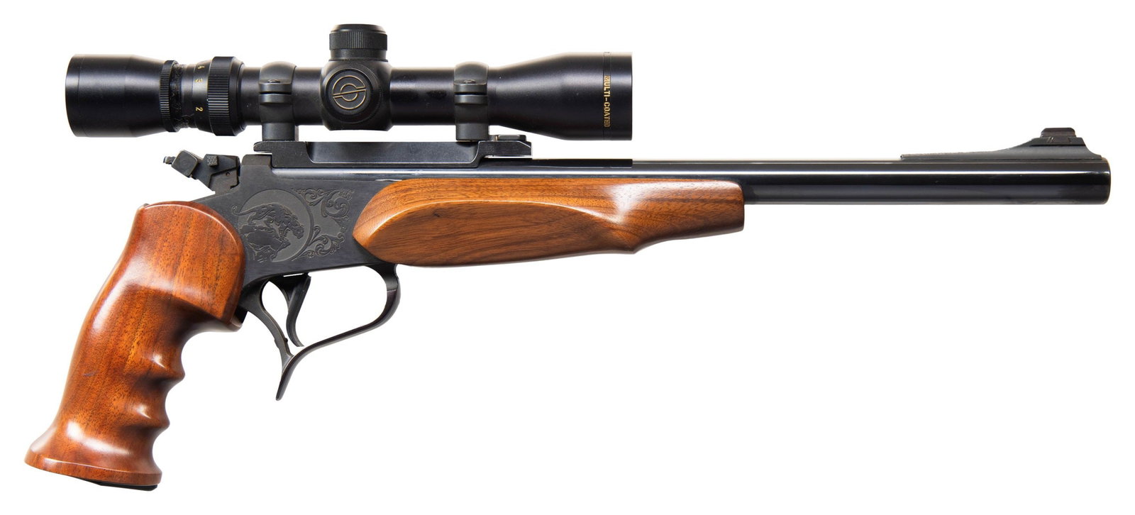 THOPMSON CENTER CONTENDER SINGLE SHOT PISTOL.: Cal. 222 Rem. S# 159819. Bbl. is 14" Super 14 model with factory installed Williams Streamline ramped front sight base having dovetailed blade; rear sight replaced with Redfield base holding matte