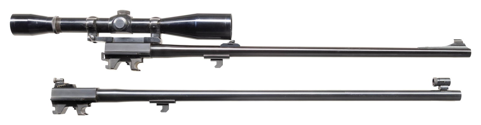 2 THOMPSON CENTER TCR RIFLE BARRELS: 22 HORNET &: 32-40. 1). 22 HORNET: 23" with matte finished receiver section having balance gloss finished. Factory sights of Williams Streamline front base having brass bead sight blade; rear is barrel mounted Lym