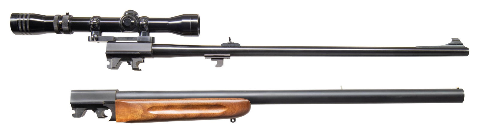 2 THOMPSON CENTER TCR BARRELS: 222 REM. & 12 GA.: 1). 222 REM.: 23" with matte finished receiver section having balance gloss finished. Factory sights of Williams Streamline front base having brass bead sight blade; rear is barrel mounted Lyman 25 st
