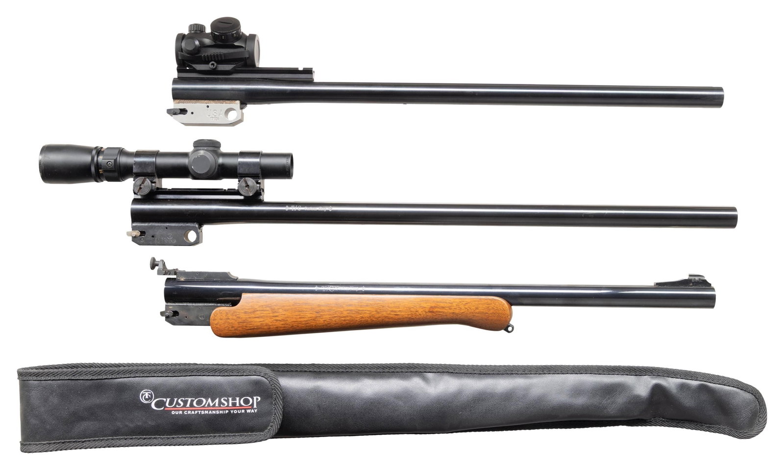 3 THOMPSON CENTER ENCORE RIFLE BARRELS.: All are round blued barrels with split locking blocks. 1). CUSTOM SHOP 22" in 338 Federal caliber. Bottom of barrel drilled and tapped for 2 screw forend. Weaver base and 1" rings installed holding