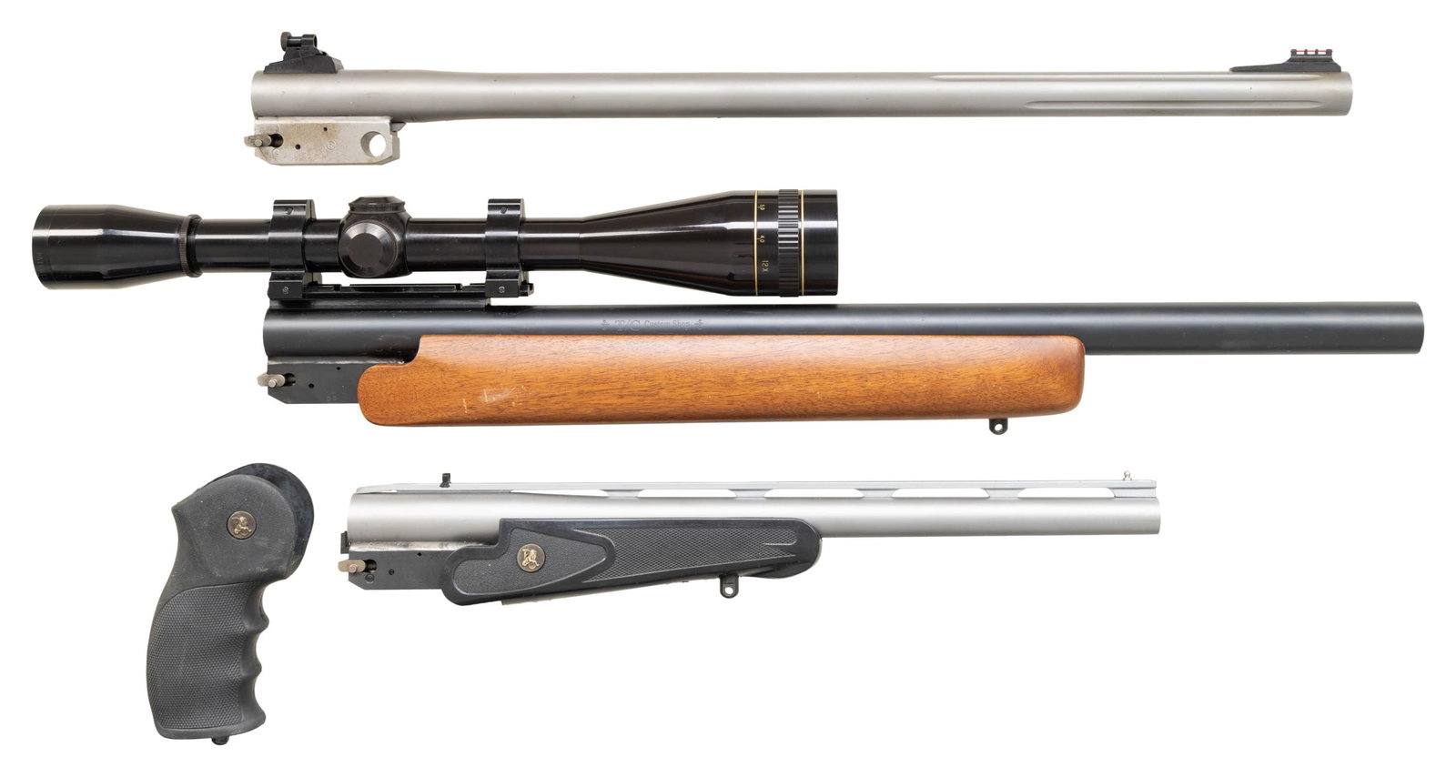 3 THOMPSON CENTER ENCORE BARRELS; 2 RIFLE &: 1 PISTOL SET. All have split locking bolts. 1). T/C CUSTOM SHOP: 21" heavy bull barrel (1" diameter) in 6MM BR Rem. having satin blued finish and recessed target crown. Robust plain walnut forend