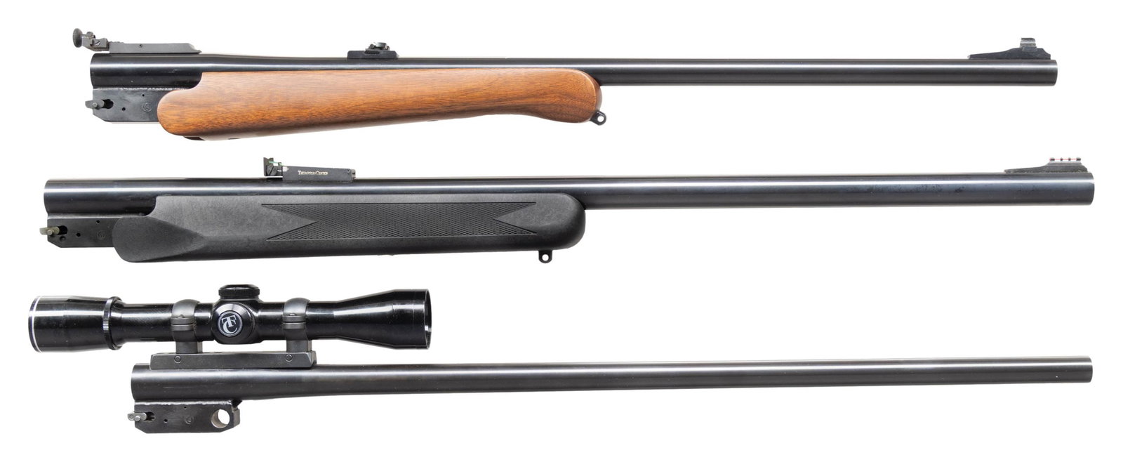 VERY DESIRABLE T/C ENCORE 3 BARREL ASSORTMENT.: All are round blued T/C barrels with split locking blocks. 1). RIFLED SHOTGUN: 26" in 20 Gauge 3". Fitted with checkered black synthetic 2 screw forend having sling stud at tip. Screw attached sight