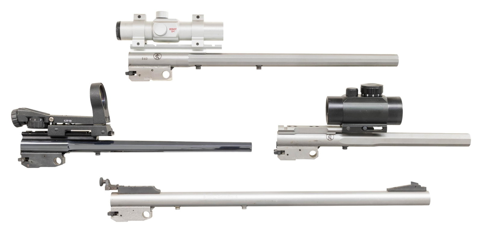 4 COLLECTABLE T/C CONTENDER BARRELS.: All barrel sets are near excellent including bores and fully operable sight systems unless noted. All have the newer split locking blocks and recessed target style crowns. 1). T/C CUSTOM SHOP 17"