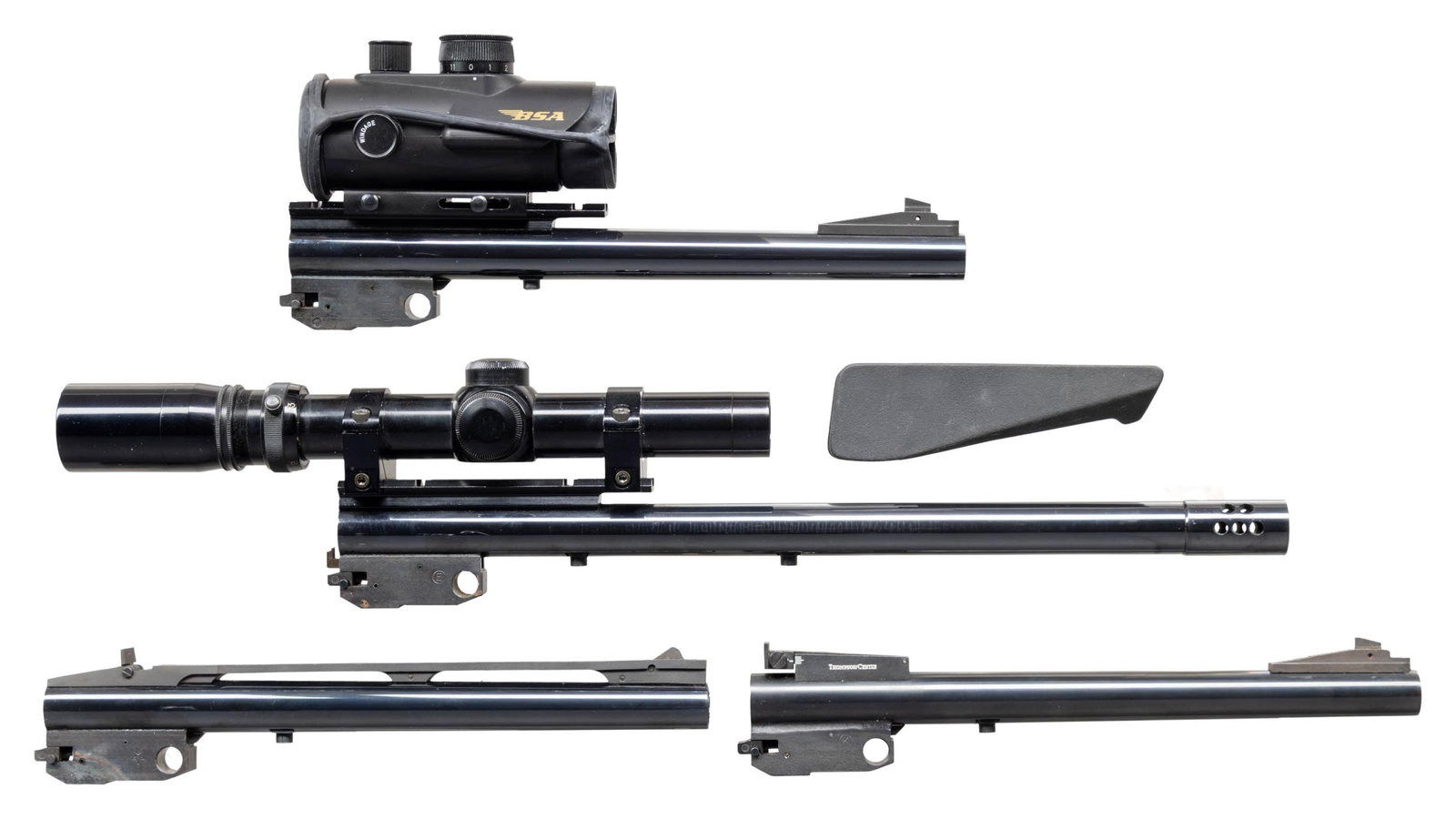4 BLUED ROUND T/C CONTENDER BARRELS & 1 FOREND.: All barrel sets are near excellent including bores and fully operable sight systems unless noted. All have the newer split locking blocks, screw on Patridge front sights (unless noted) and dovetailed
