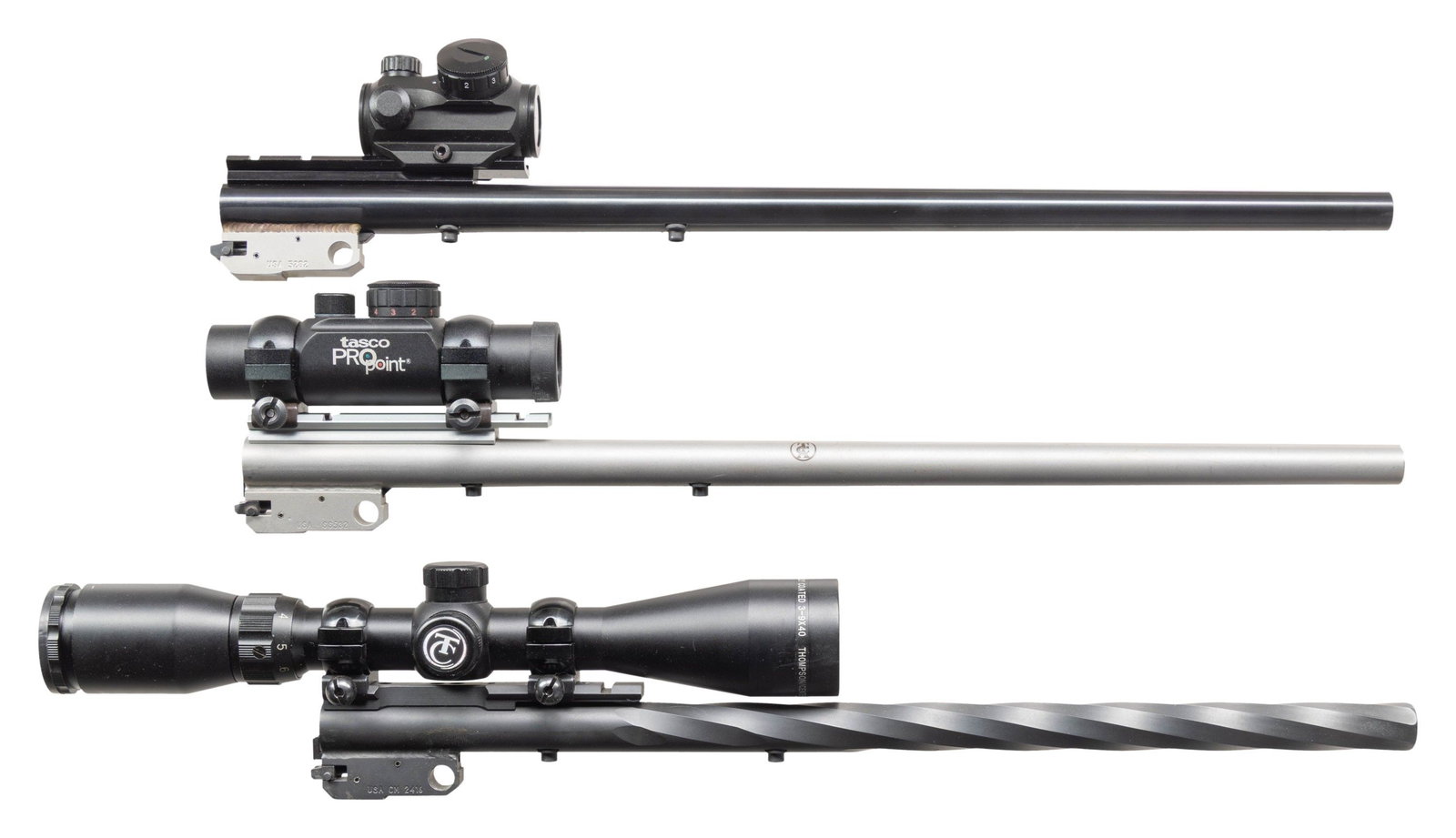 3 MGM T/C CONTENDER CARBINE BARRELS.: All barrel sets are near excellent including bores and fully operable sight systems. All have newer split locking blocks, recessed target crowns, no provisions for iron sights and 2 dovetailed barrel