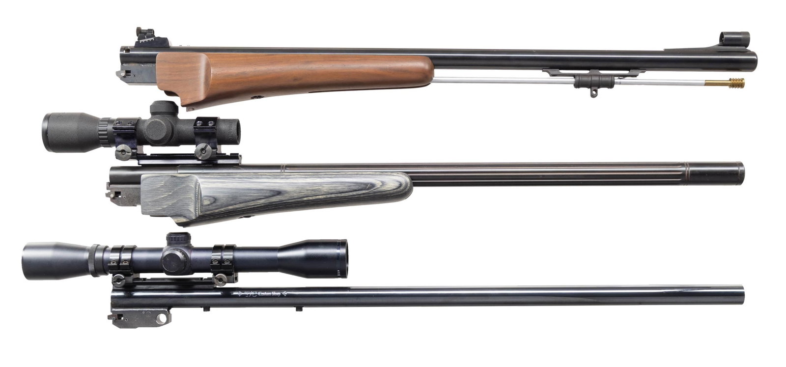 3 UNUSUAL BARRELS FOR T/C CONTENDER CARBINES.: Blued heavy for caliber barrels that are near excellent in condition to include bores, forend and scope sets (unless noted). 1). T/C Custom Shop 24" in 22 Squirrel caliber that is a wildcat formed by 