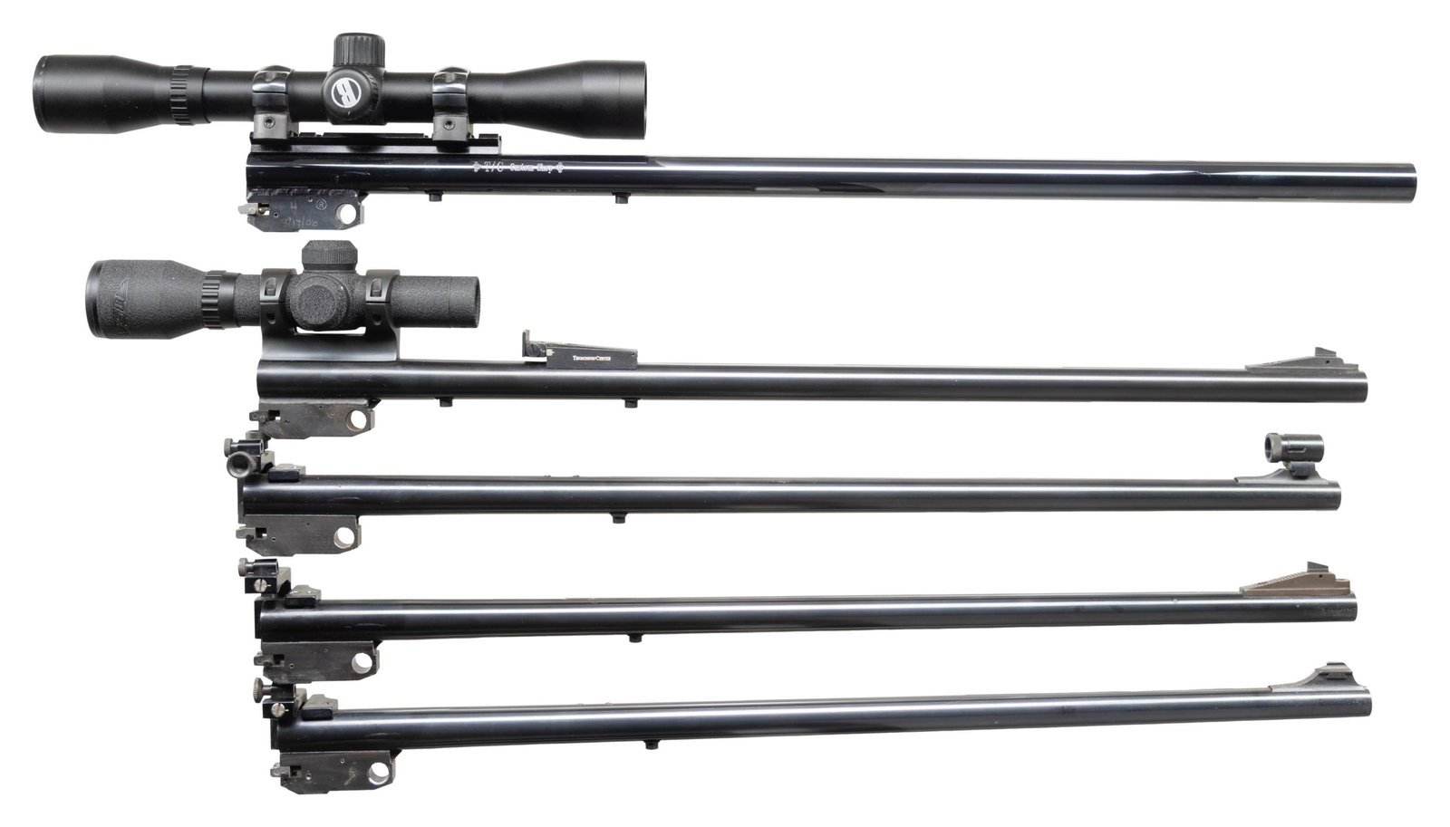 5 T/C CONTENDER CARBINE BARRELS.: All are blued barrel sets being near excellent including bores and fully operable sight systems unless noted. All have newer split locking blocks, screw on Patridge front sights (unless noted), round