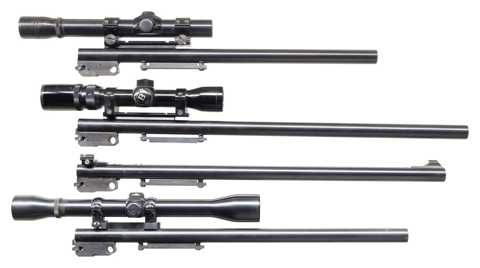 4 BULLBERRY CARBINE BARRELS FOR T/C CONTNEDER.: All are blued, near excellent (including bores) and have fully operable sight systems; non tapered barrels of approx. .800" diameter. All fitted with newer split locking blocks, recessed target crowns