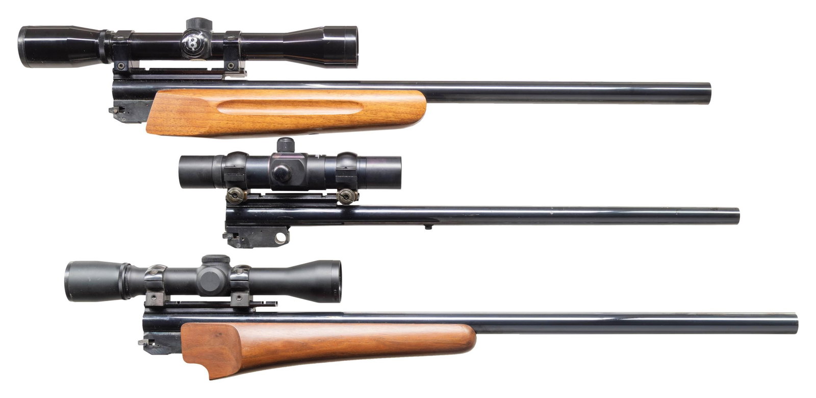 3 T/C CARBINE BARRELS; CUSTOM SHOP AND TCA .: All are near excellent including bores and fully operable sight systems unless noted. All have newer split locking blocks, recessed target crowns and 1 or 2 dovetailed barrel locks (each noted) for