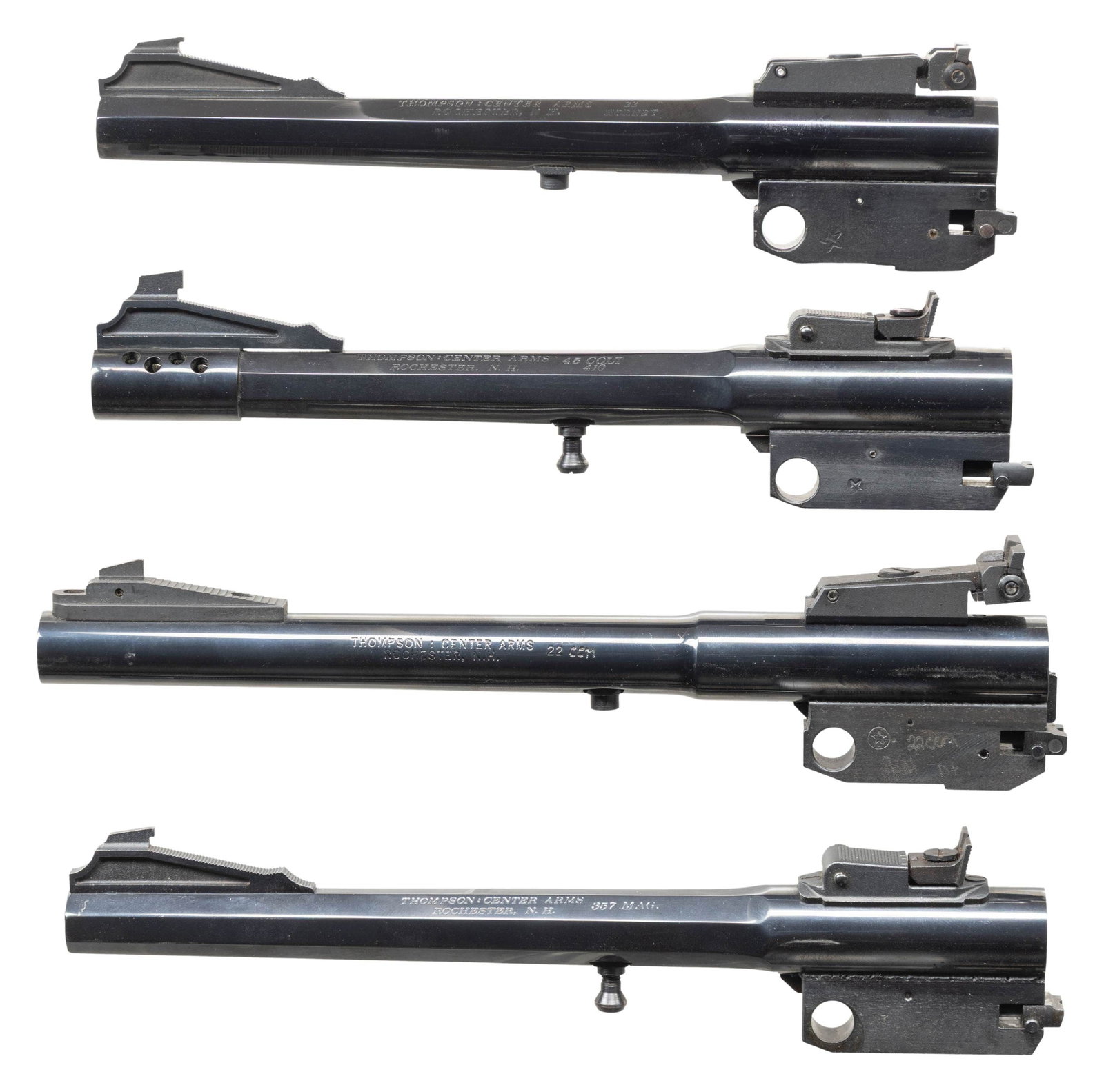 4 SCARCE THOMPSON CENTER CONTENDER BARRELS.: All are near excellent in appearance and bore condition with "ROCHESTER, N. H." addresses. 1). Very early (late 1960's to early 1970's) 8" octagon 45 Colt / 410 barrel with short adjustable rear
