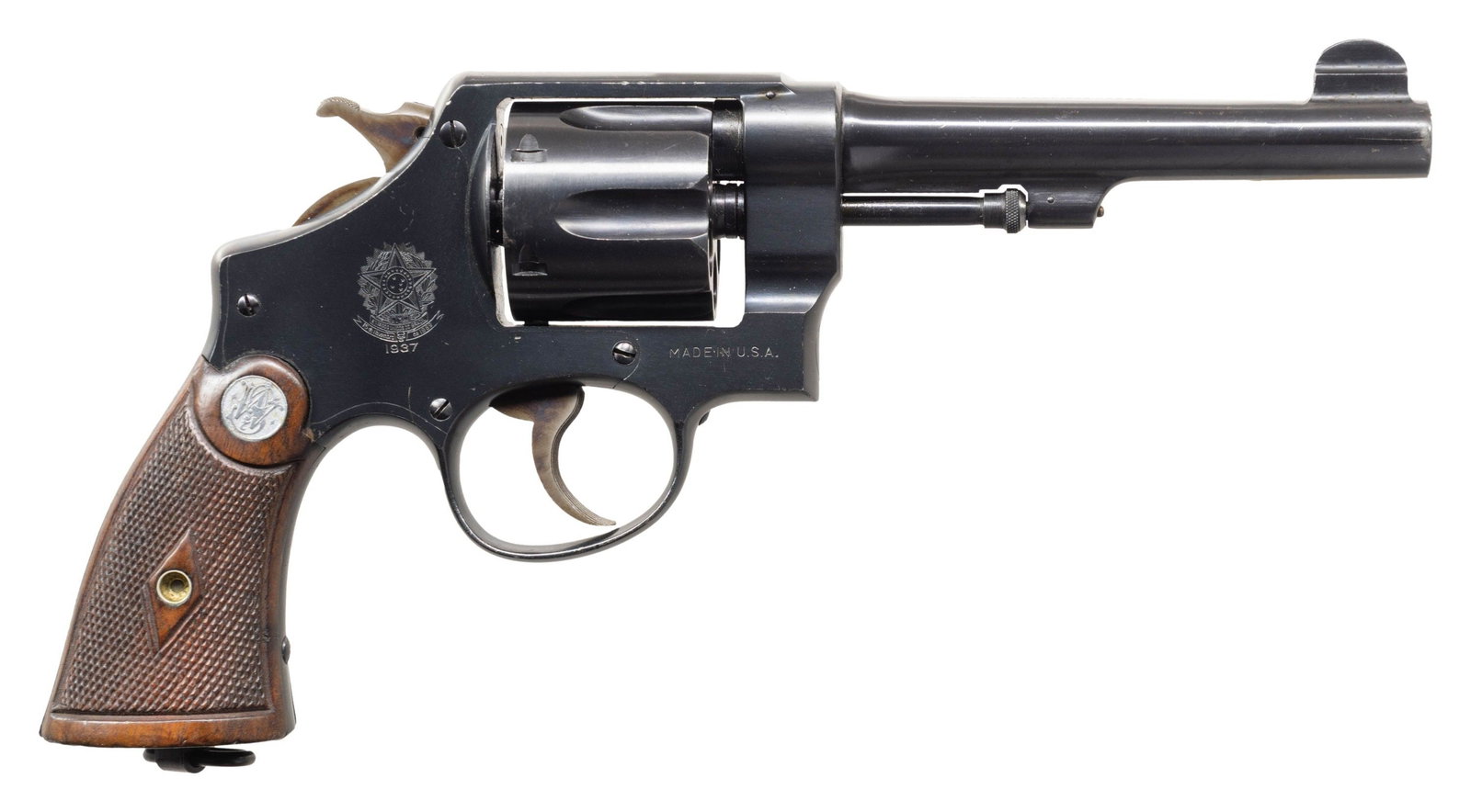 SMITH & WESSON 1917 BRAZILIAN DA REVOLVER.: Cal. 45 ACP. S# 208434. Bbl. 5 1/2". Round blade front sight. Fixed rear sight. Matching numbers on frame, bbl., cyl. & extractor. Right rear of frame has 1937 date with Brazilian crest. Navy Arms imp