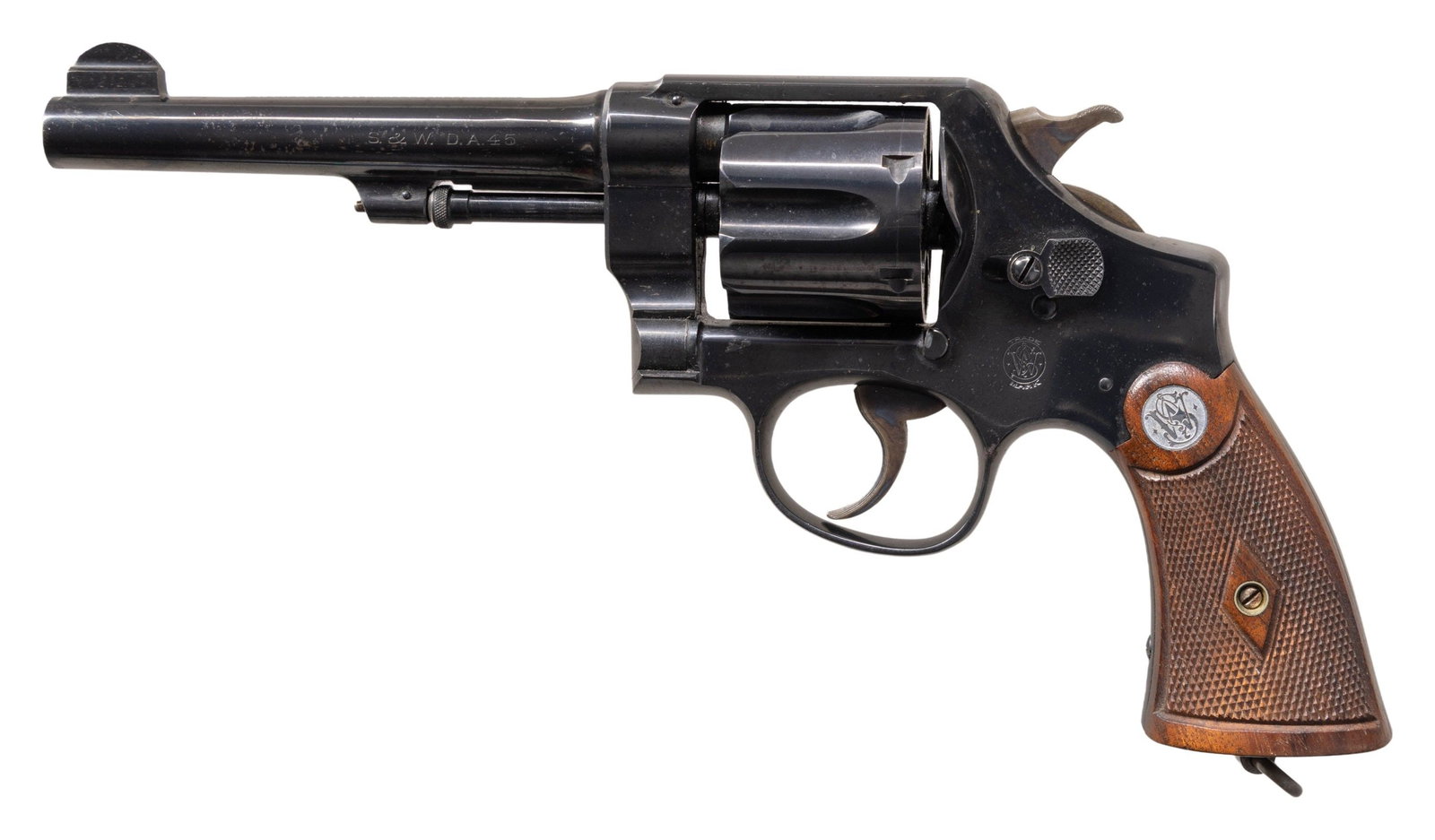 COMMERCIAL SMITH & WESSON MODEL 1917 DA REVOLVER.: Cal. 45 ACP/AR. S# 181429. Bbl. 5 1/2". Round blade front sight. Fixed rear sight. Matching numbers on frame, bbl., cyl., extractor & right grip panel. Post-WW1 commercial 1917 hand ejector revolver. 