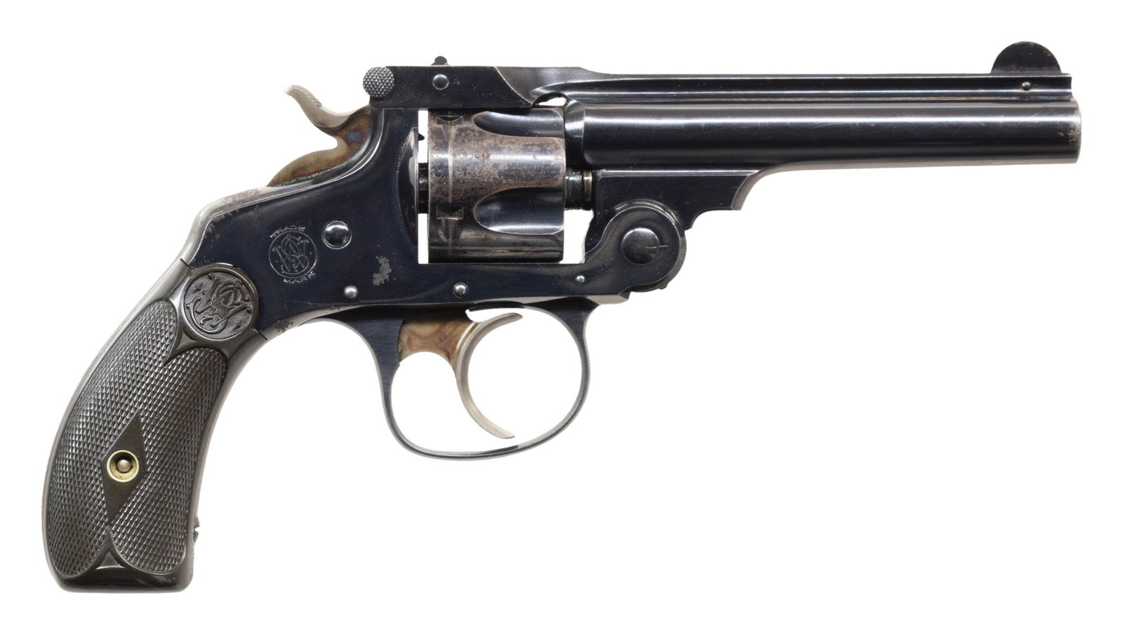 SMITH & WESSON 32 HE DA REVOLVER.: Cal. 32 S&W. S# 247355. Bbl. 3 1/2". Round blade front sight. U-notch rear sight. Matching numbers on frame, bbl. latch & 5-shot cyl. Right grip panel has matching pencil number. 4th model 32 Top Brea