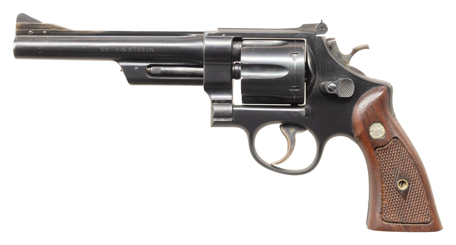 SMITH & WESSON HIGHWAY PATROLMAN DA REVOLVER.: Cal. 357 Mag. S# S129165. Bbl. 6" pinned. Ramped serrated blade front sight. Adjustable square notch rear sight. Matching numbers on frame, bbl., cyl & extractor. 6-shot recessed cyl. Five-screw Pre-M