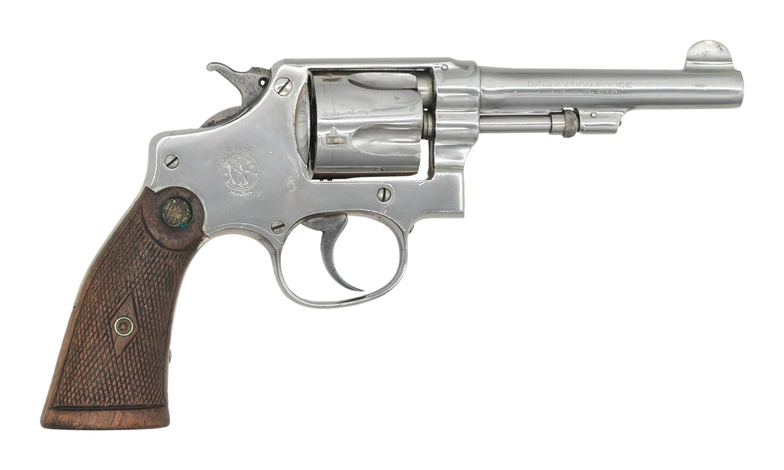 EARLY SMITH & WESSON REGULATION POLICE DA REVOLVER: . Cal. 38 S&W. S# 1440. Bbl. 4". Round blade front sight. Fixed rear sight. Stamped matching numbers on grip frame, bbl., cyl. & extractor. Grip frame & bbl. have factory rework stars. 5-shot cyl. Ren