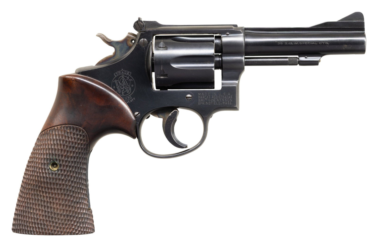 EARLY SMITH & WESSON K38 COMBAT MASTERPIECE DA: REVOLVER. Cal. 38 Spl. S# K97477. Bbl. 4" pinned. Ramped serrated blade front sight. Adjustable square notch rear sight. Matching numbers on frame, bbl., cyl. & extractor. Five-screw K38 Combat Master