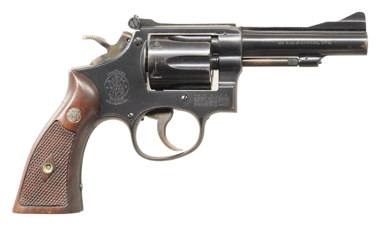 EARLY K38 MASTERPIECE DA REVOLVER.: Cal. 38 Spl. S# K119863. Bbl. 4" pinned. Ramped serrated blade front sight. Adjustable square notch rear sight. Matching numbers on frame, bbl., cyl. & extractor. 1951 made five-screw K38 Masterpiece