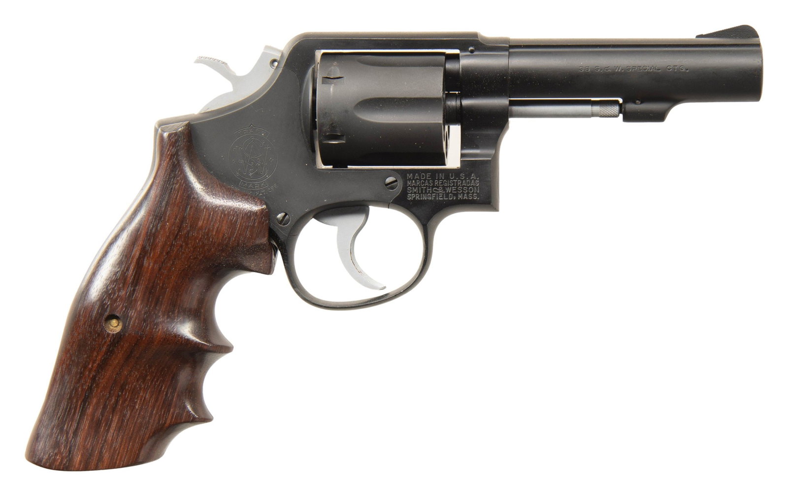 CUSTOM SMITH & WESSON MODEL 10-6 DA REVOLVER.: Cal. 38 Spl. S# C764653. Bbl. 4" heavy & pinned. Ramped serrated blade front sight. Fixed rear sight. Made 1963-1965. Backstrap has "W.S.P.D. 75" marking likely for Winston-Salem Police. Custom dark b
