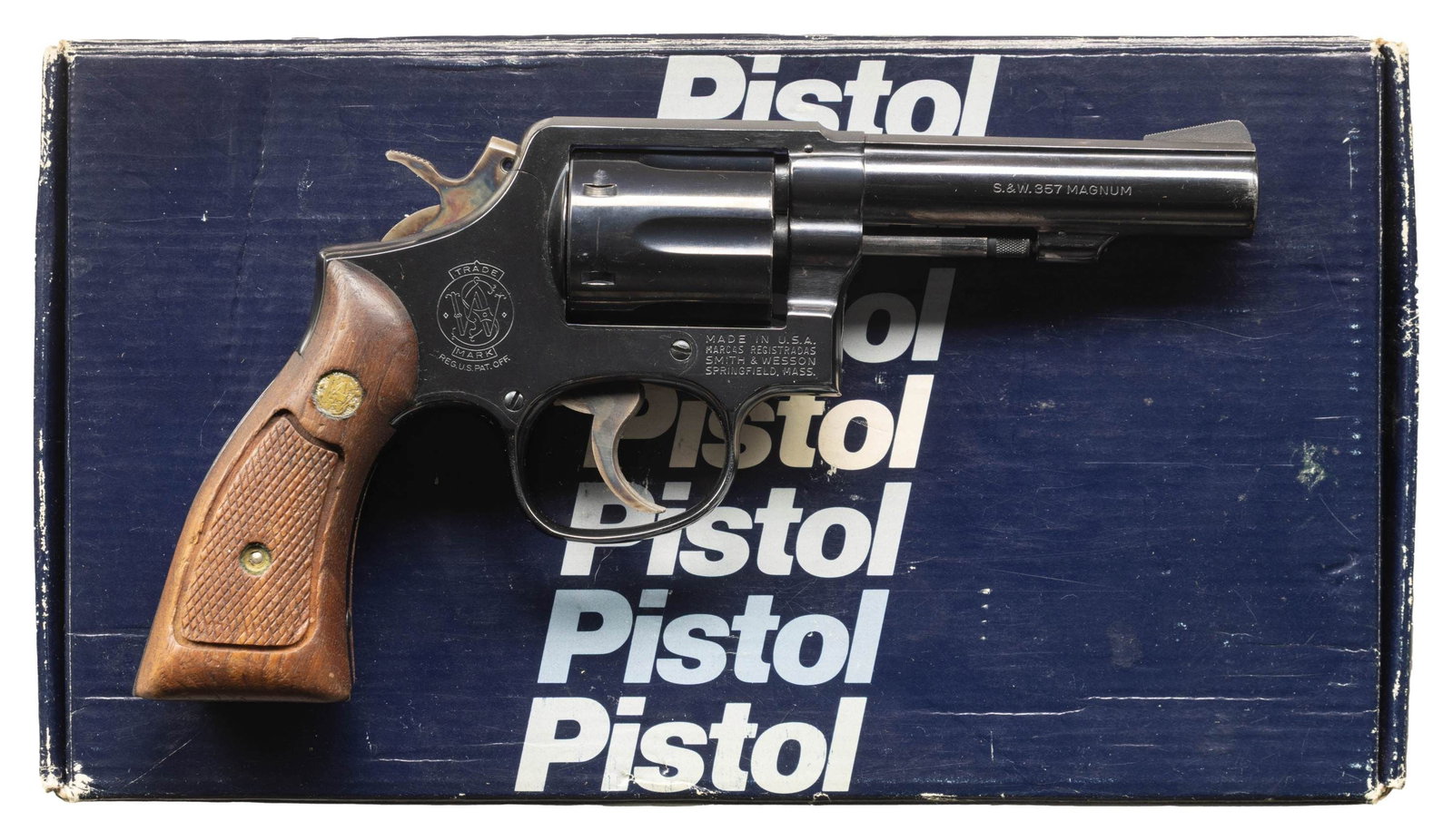 SMITH & WESSON MODEL 13-1 DA REVOLVER.: Cal. 357 Mag. S# D990948. Bbl. 4" pinned. Ramped serrated blade front sight. Fixed rear sight. Late 1970's produced revolver. Blued finish with case colored hammer & trigger. Checkered hardwood grips