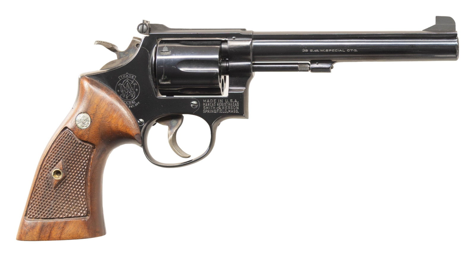 SMITH & WESSON MODEL 14 DA REVOLVER.: Cal. 38 Spl. S# K365022. Bbl. 6" pinned. Patridge front sight. Adjustable square notch rear sight. No-dash Model 14 revolver made in 1959. 6-shot cyl. Blued finish with case colored target hammer &
