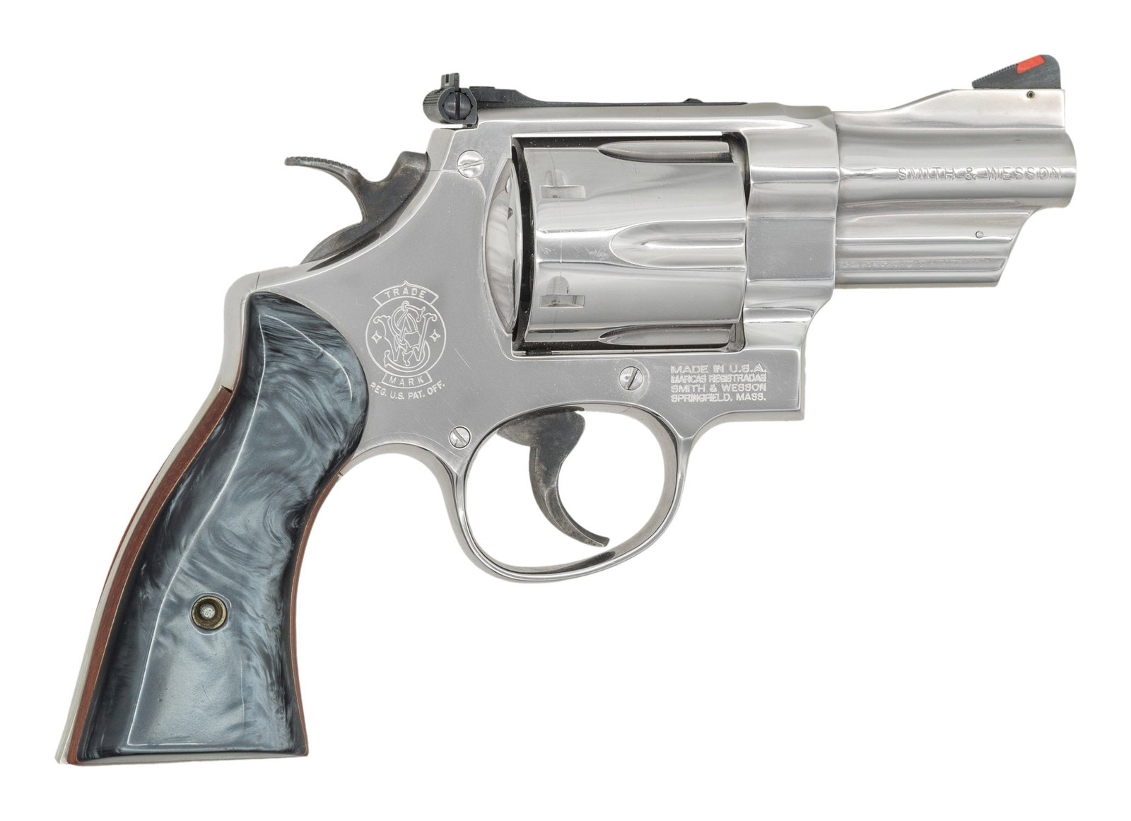 SMITH & WESSON MODEL 24-6 DA REVOLVER.: Cal. 44 Spl. S# CLD0128. Bbl. 3". Ramped blade front sight with orange insert. Adjustable square notch rear sight with white outline. Newer revolver with lock behind cyl. release. Nickel finish with
