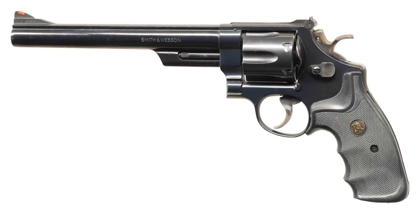 SMITH & WESSON MODEL 25-5 DA REVOLVER.: Cal. 45 Colt. S# N828105. Bbl. 8 3/8" pinned. Early 1980's production revolver. 6-shot cyl. Blued finish with case colored target hammer & trigger. Pachmayr Gripper grips. CONDITION: grips show