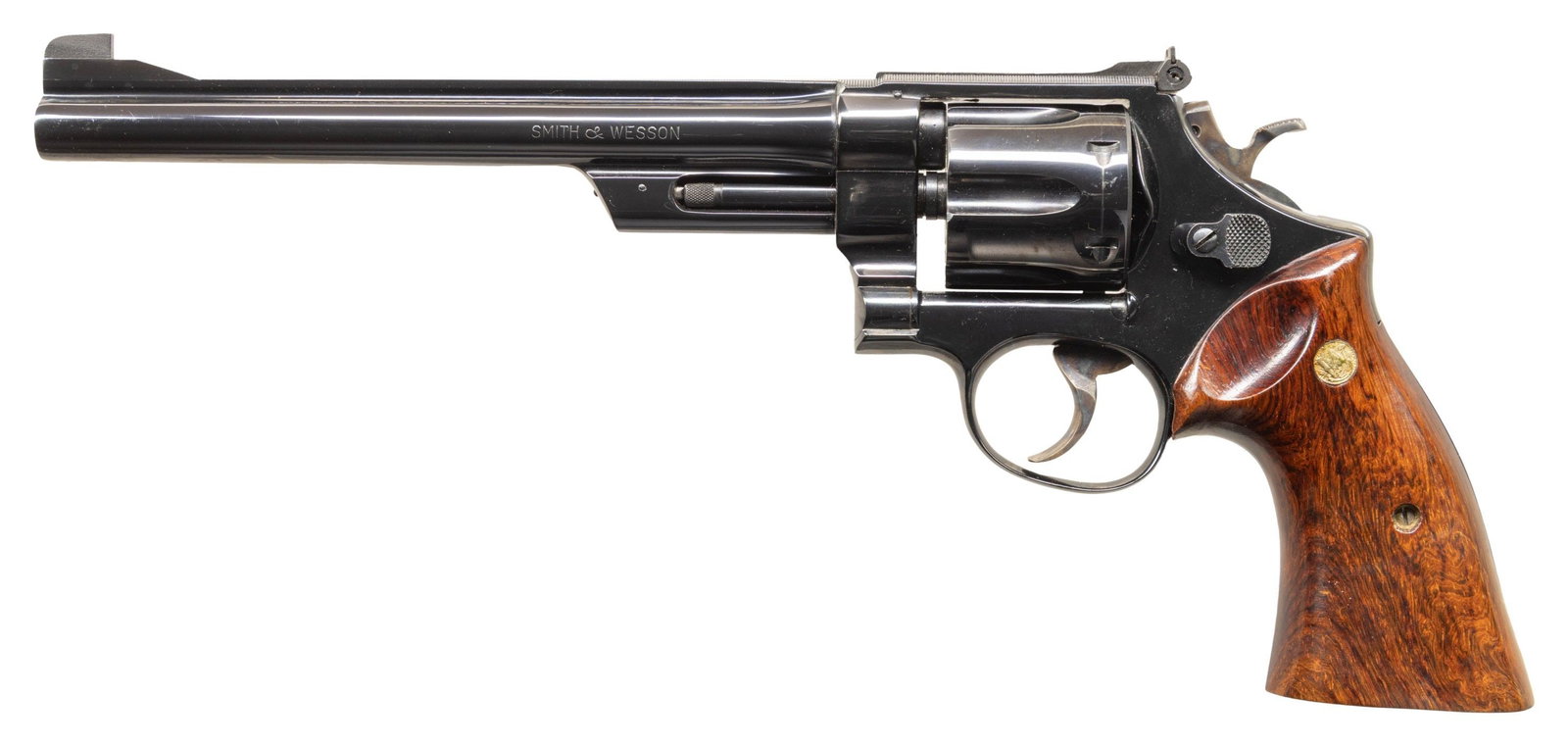 SMITH & WESSON 27-2 DA REVOLVER.: Cal. 357 Mag. S# N193. Bbl. 8 3/8" pinned. Patridge front sight. Adjustable square notch rear sight. 6-shot recessed cyl. Mfr. 1969-1972. Blued finish with case colored hammer & smooth faced trigger.