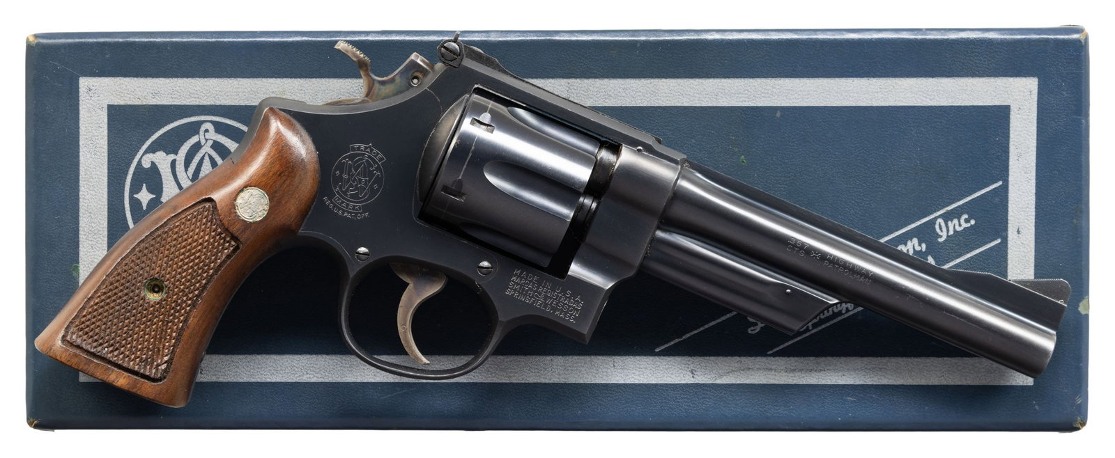 SMITH & WESSON 28-2 DA REVOLVER.: Cal. 357 Mag. S# S285244. Bbl. 6" pinned. Ramped serrated blade front sight. Adjustable square notch rear sight. Mfr. 1966-1967. 6-shot recessed cyl. Blued finish with case colored hammer & trigger. C