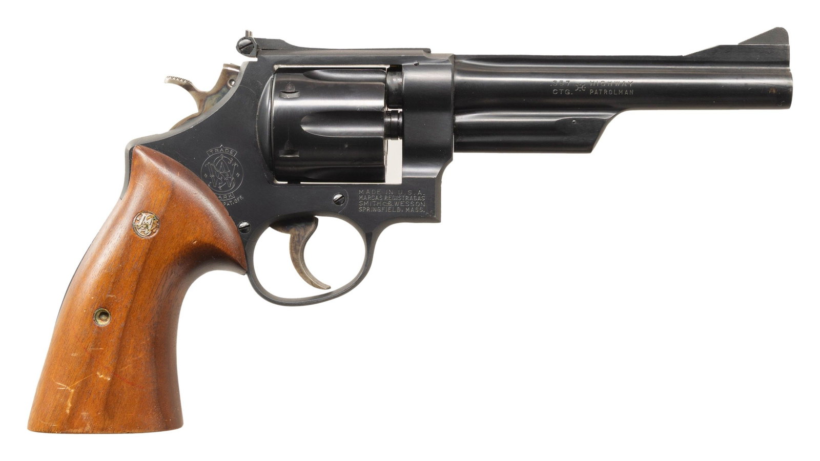 SMITH & WESSON MODEL 28-2 DA REVOLVER.: Cal. 357 Mag. S# S281671. Bbl. 6" pinned. Ramped serrated blade front sight. Adjustable square notch rear sight. 1966-1967 made 28-2 Highway Patrolman revolver. 6-shot recessed cyl. Blued finish with 