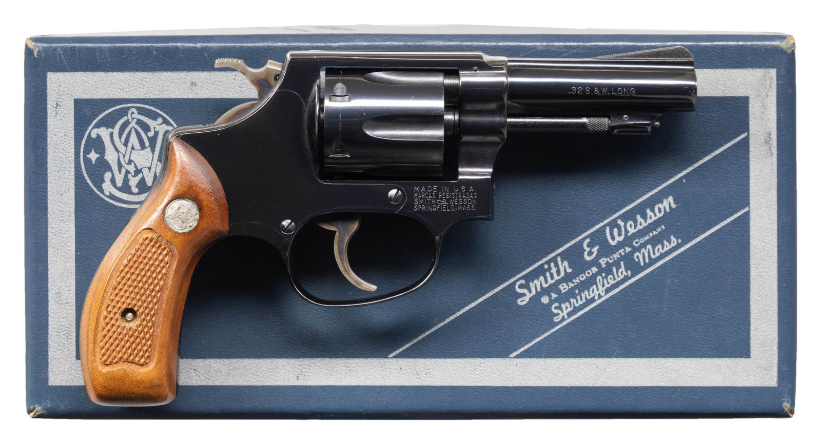 SMITH & WESSON MODEL 30-1 DA REVOLVER.: Cal. 32 S&W Long. S# 822277. Bbl. 3" pinned. Ramped serrated blade front sight. Fixed rear sight. Model 30-1 revolver made 1961-1970. Blued finish with case colored trigger & hammer. Checkered walnut 