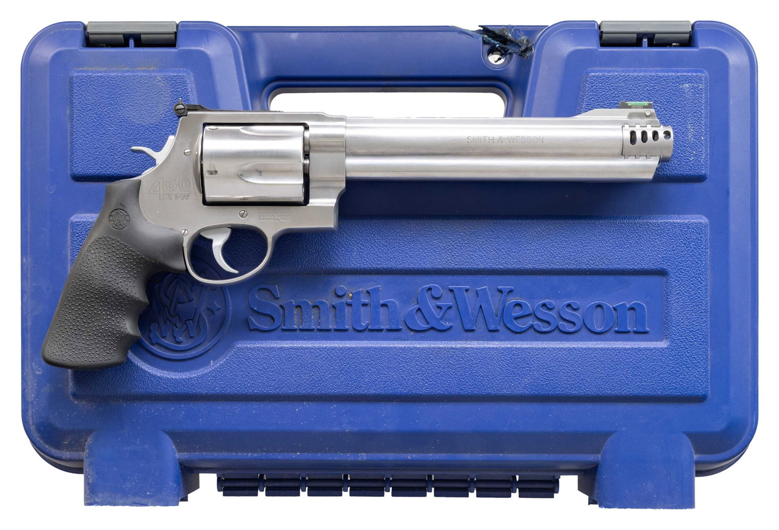 SMITH & WESSON MODEL 460 XVR DA REVOLVER.: Cal. 460 S&W Mag. S# CYA7712. Bbl. 8 3/8" with muzzle brake. Hi-Viz Fiber optic front sight. Adjustable square notch rear sight. 5-shot cyl. Stainless finish with hard chrome hammer & trigger. Factory