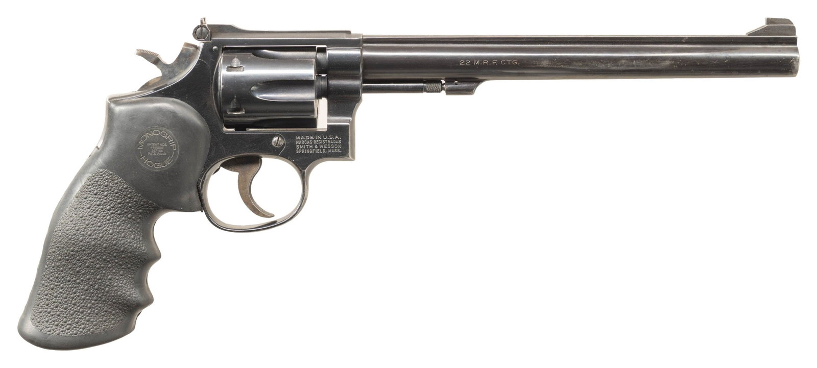 SMITH & WESSON MODEL 48-4 DA REVOLVER.: Cal. 22 Mag. S# 243K886. Bbl. 8 3/8". Patridge front sight. Adjustable square notch rear sight. 1982 made revolver without pinned bbl. but with 6-shot recessed cyl. Blued finish with case colored hamm