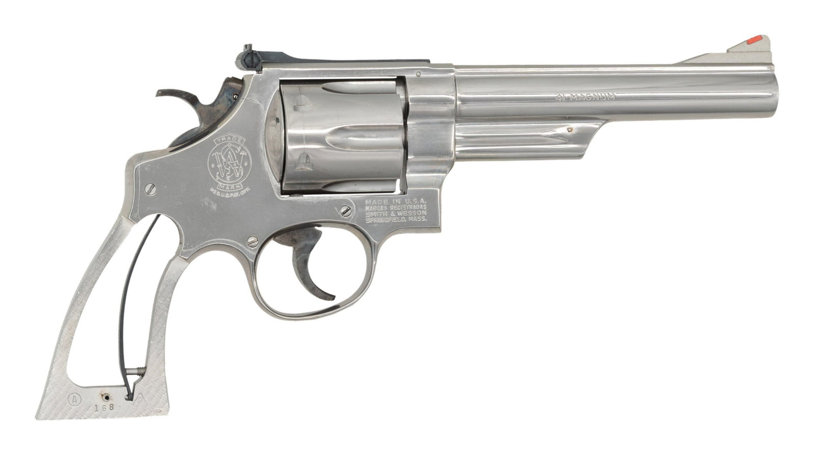 SMITH & WESSON MODEL 57 DA REVOLVER.: Cal. 41 Mag. S# N835180. Bbl. 6" pinned. Ramped serrated blade front sight with orange insert. Adjustable square notch rear sight. 6-shot recessed cyl. Early 1980's production no dash Model 57 revolve