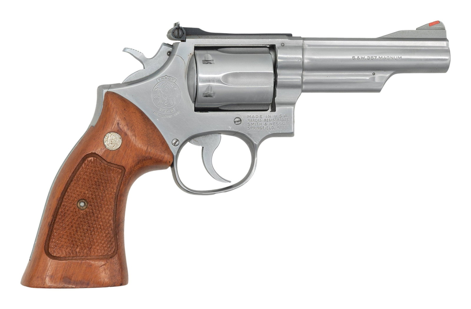 SMITH & WESSON 66-1 DA REVOLVER.: Cal. 357 Mag. S# 58K1895. Bbl. 4" pinned. Ramped serrated blade front sight with orange insert. Adjustable square notch rear sight. 1980 made 66-1 revolver. 6-shot cyl. Stainless finish with hard chro