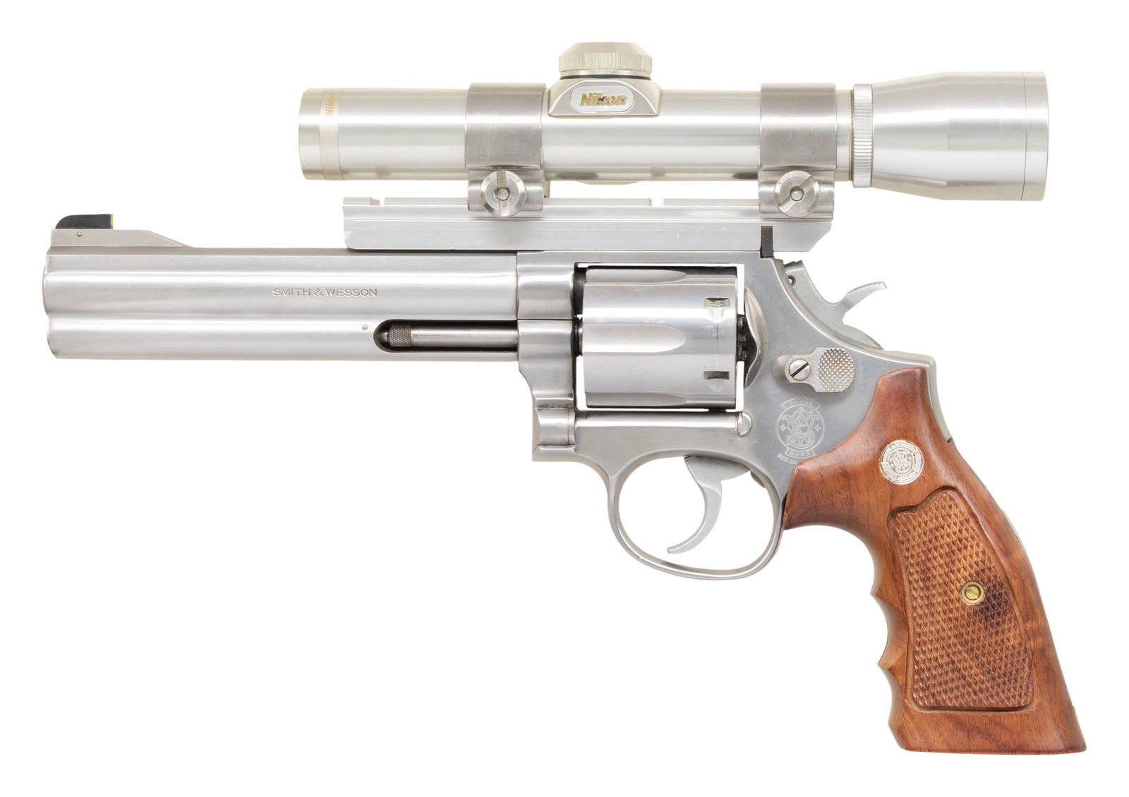 SMITH & WESSON MODEL 686 DA REVOLVER.: Cal. 357 Mag. S# ACL4952. Bbl. 6" with full underlug. Ramped blade front sight with added orange paint. No rear iron sight present. Stainless Nikon long eye relief scope on B-Square mount & Weaver rin