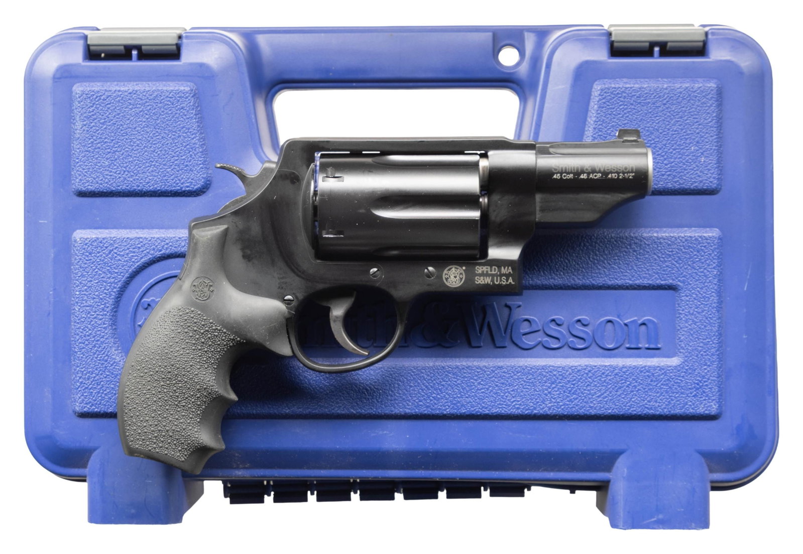 SMITH & WESSON GOVERNOR DA REVOLVER.: Cal. 45/410 2 3/4". S# CRN1756. Bbl. 2 3/4". White dot front sight. Fixed rear sight. Revolver can take both 45 Long Colt & 45 ACP. 5-shot cyl. Matte black finish. Rubber finger groove grips with S&W 
