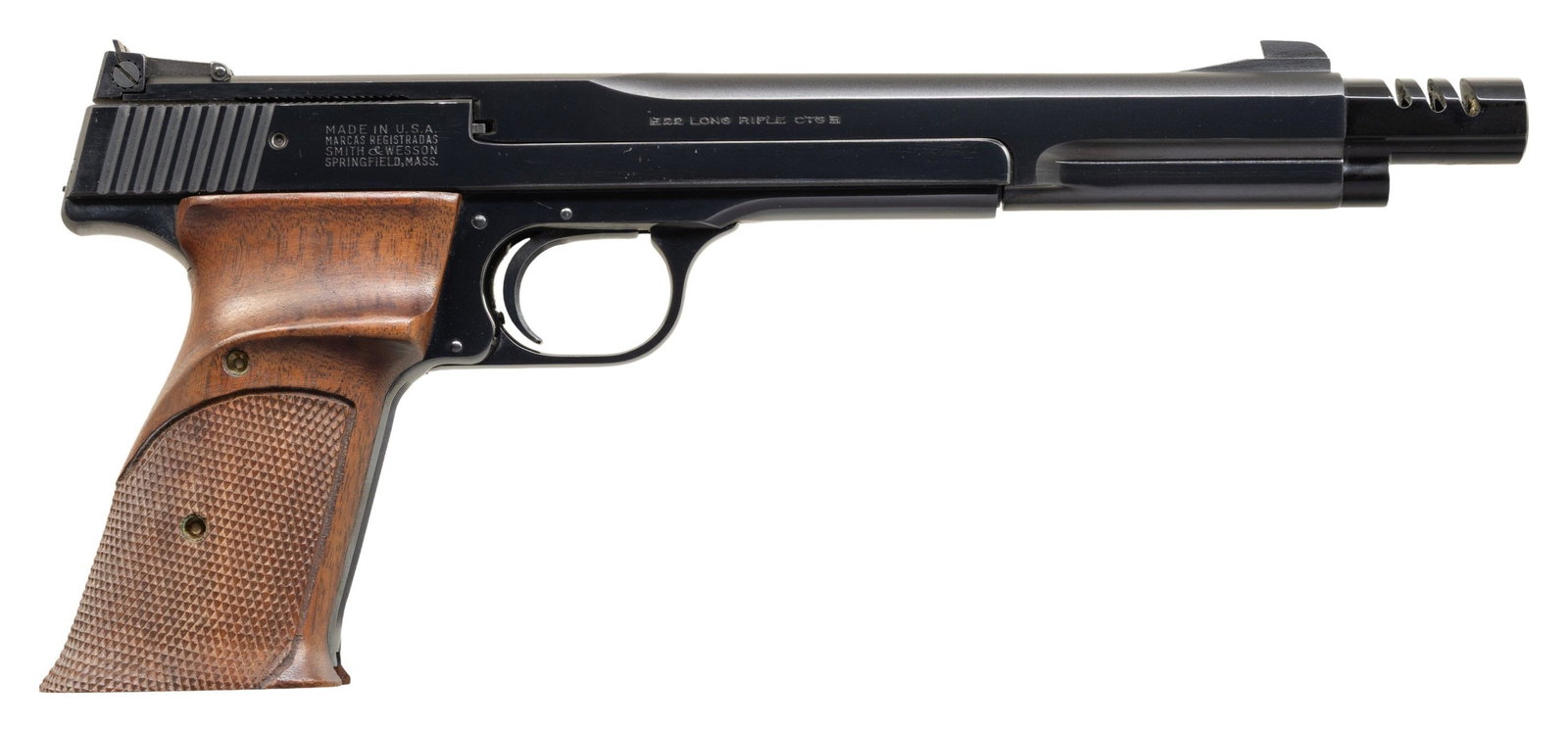 SMITH & WESSON MODEL 41 SEMI AUTO PISTOL.: Cal. 22 LR. S# 10304. Bbl. 7 3/8" with muzzle brake. Patridge front sight. Adjustable square notch rear sight. Blued finish. Checkered hardwood grips with thumb rests. MAGS: none present. CONDITION: g