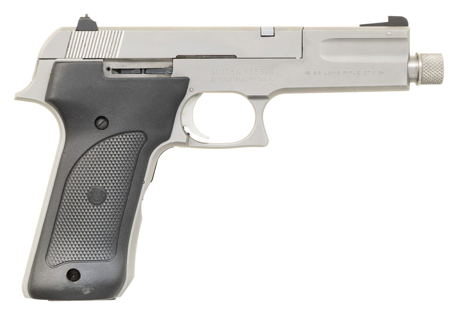 SMITH & WESSON MODEL 2206 SEMI AUTO PISTOL.: Cal. 22 LR. S# TFH2197. Bbl. 4 1/2" threaded with thread protector. Three dot sights. Stainless finish. Checkered black grips with S&W monograms. MAGS: 1-10 rd. UNATTACHED ACCESSORIES: plain brown car