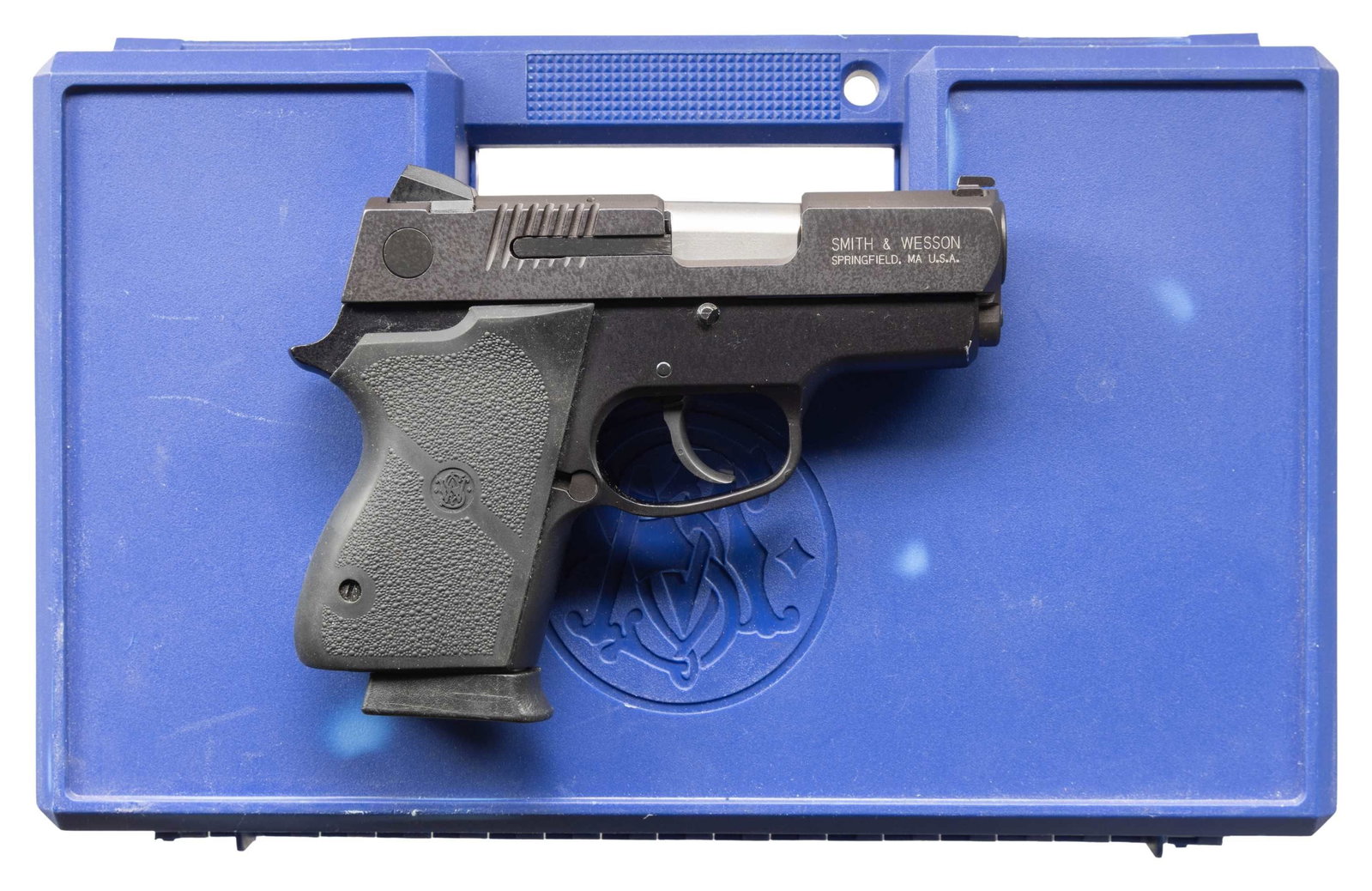SMITH & WESSON CS45 CHIEF'S SPECIAL SEMI AUTO: PISTOL. Cal. 45 ACP. S# EKW5944. Bbl. 3 1/4". Three dot sights. Matte black finish. Pebbled black grips with S&W monograms. MAGS: 3-6 rd. UNATTACHED ACCESSORIES: matching numbered factory hardcase wit