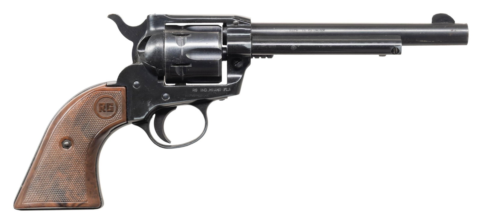 ROHM MODEL 66 SINGLE ACTION REVOLVER.: Cal. 22 LR. S# IB356415. Bbl. 6". Model 66 single action revolver mfg. in Germany by Rohm GMBH and imported by "RG IND.". Left side of the bbl. is marked with Rohm's mfg. information above the model a