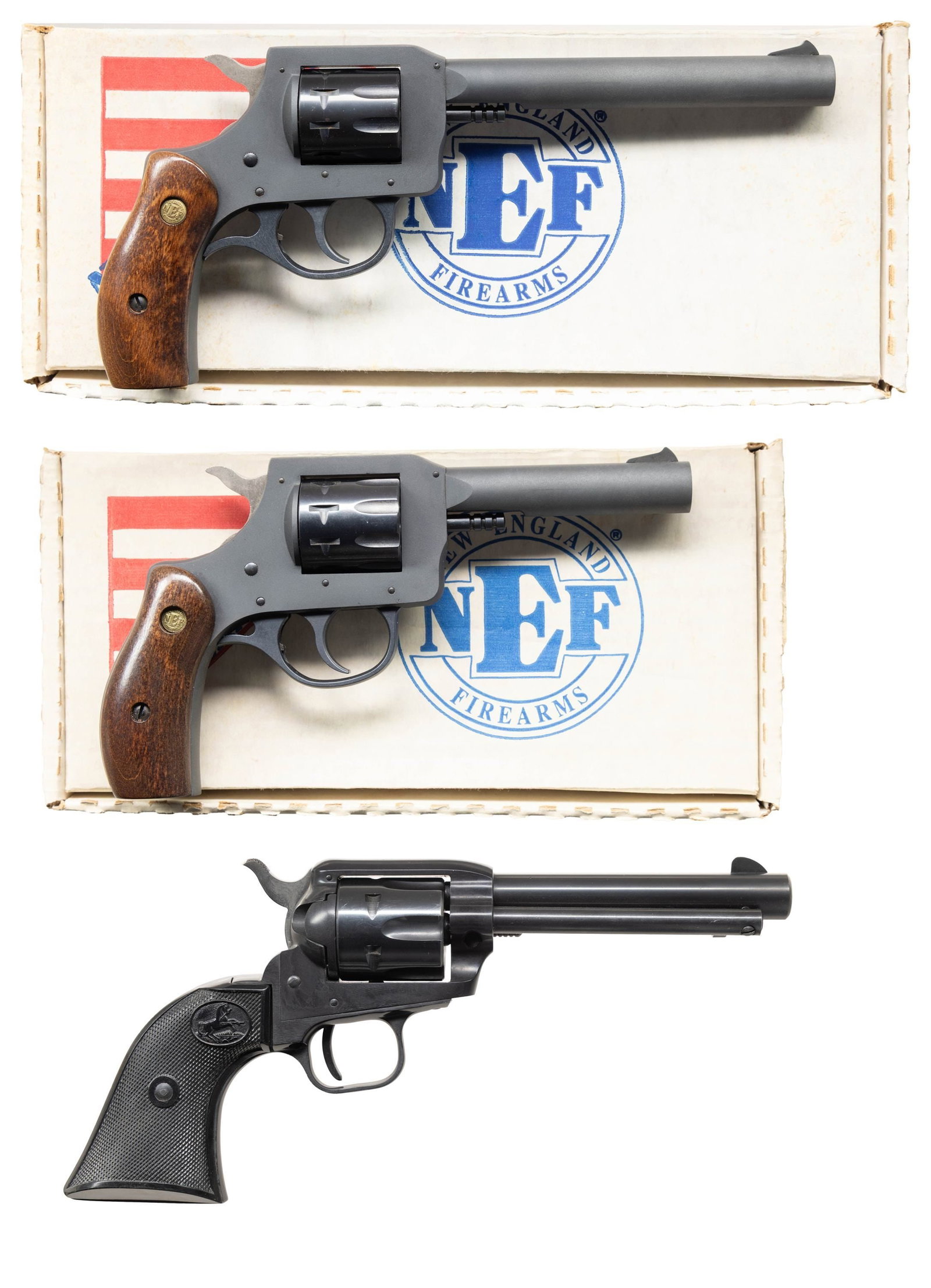 2 NEW ENGLAND FIREARMS & 1 COLT 22 LR REVOLVERS.: 1) NEW ENGLAND FIREARMS R92. S# NT007907. Bbl. 6". Fixed sights. Swing out 6 shot cyl. Matte black finish. Hardwood grips. UNATTACHED ACCESSORIES: matching box w/ paperwork. CONDITION: near excellent 