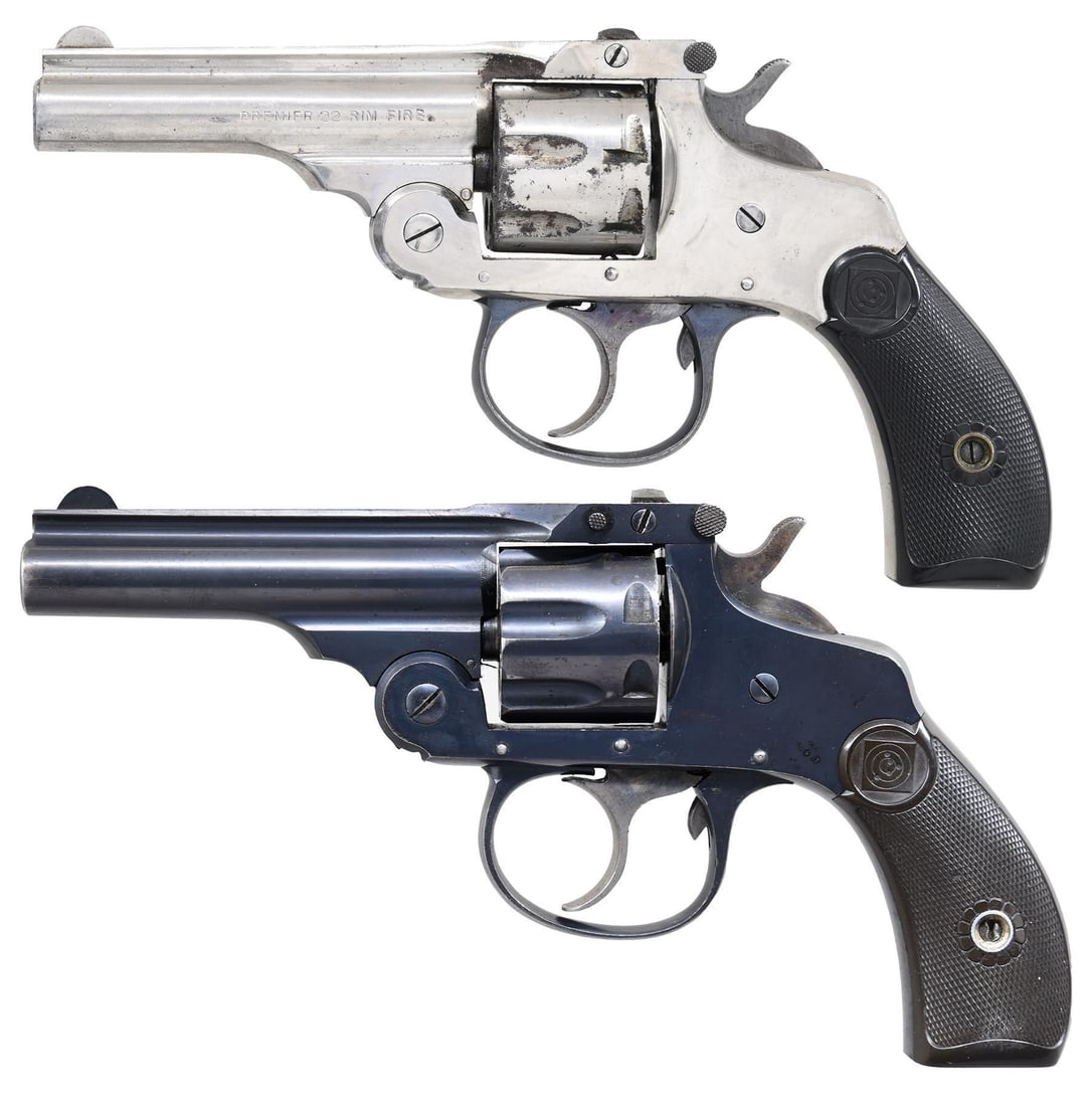 LOT OF TWO H&R TOP BREAK DA REVOLVERS.: 1) H&R TOP BREAK PREMIER DA REVOLVER. Cal. 22 RF. S# 165814. Bbl. 3". Round blade front sight. U-notch rear sight. Nickel finish with blued trigger guard, case colored trigger & hammer. Checkered blac