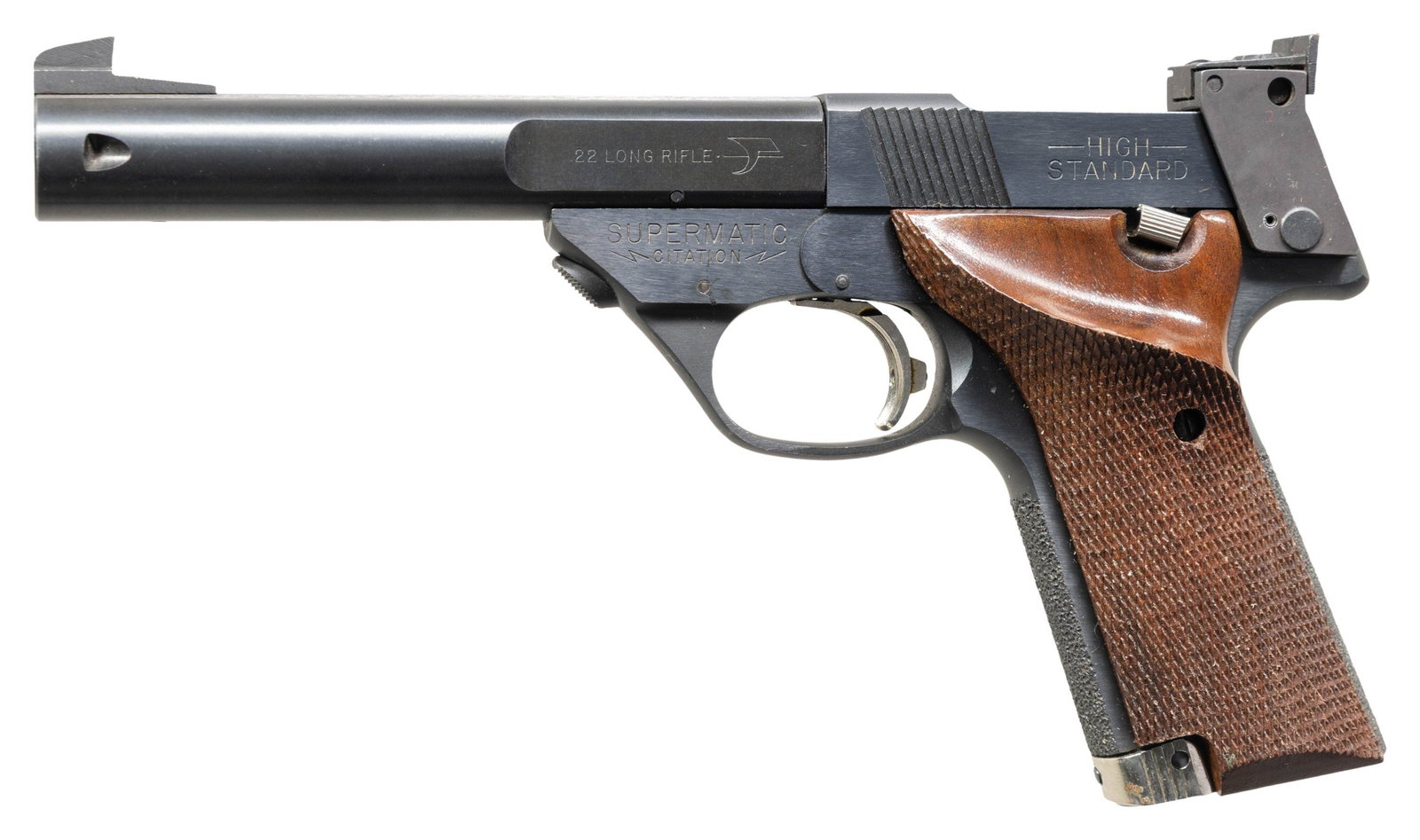 HIGH STANDARD SUPERMATIC CITATION SEMI AUTO PISTOL: Cal 22 LR. S# ML34618. Bbl. 5 1/2". Patridge front sight. Adjustable square notch rear sight. East Hartford made 9243 Supermatic Citation pistol. Blued finish. Checkered walnut grips with right handed