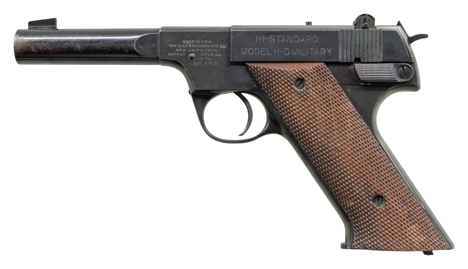 HIGH STANDARD HD MILITARY SEMI AUTO PISTOL.: Cal. 22 LR. S# 161830. Bbl. 4 1/2". Blade front sight. Adjustable square notch rear sight. Blued finish. Checkered walnut grips. MAGS: 1-10 rd. CONDITION: grips show scattered checkering point wear wi