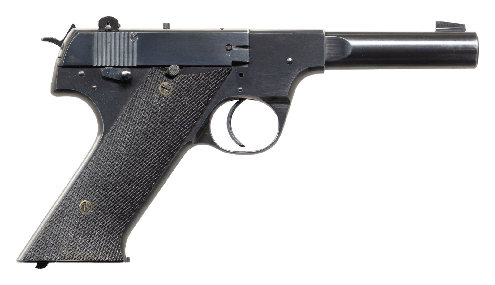 HI STANDARD HD MILITARY SEMI AUTO PISTOL.: Cal. 22 LR. S# 145619. Bbl. 4 1/2". Blade front sight. Adjustable rear sight. Blued finish. Checkered grips. MAGS: 1-10 rd. CONDITION: grips have a darkened appearance with some handling marks & dings